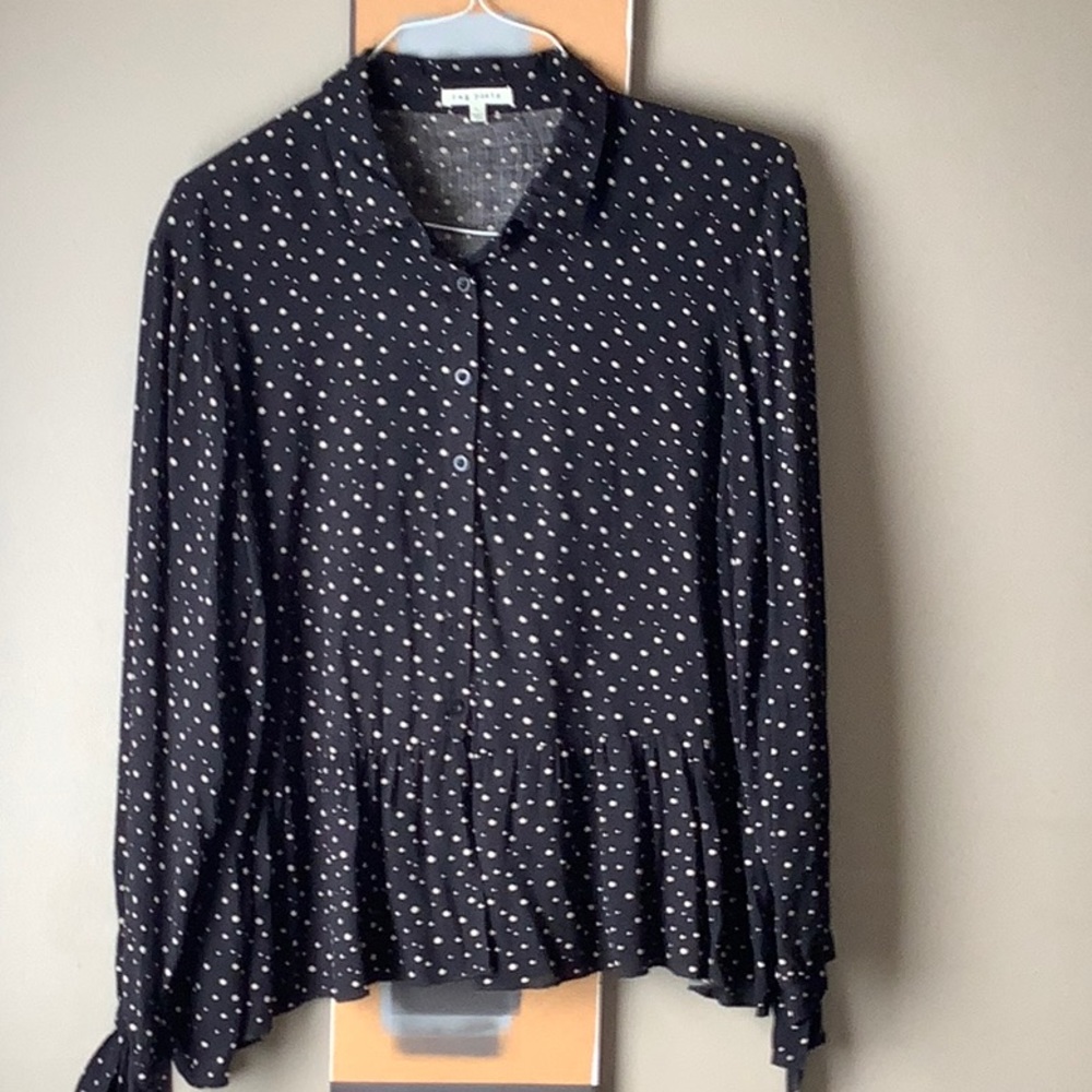 Rag Poets shirt/size L/black with ivory polka dots/peplum around entire bottom